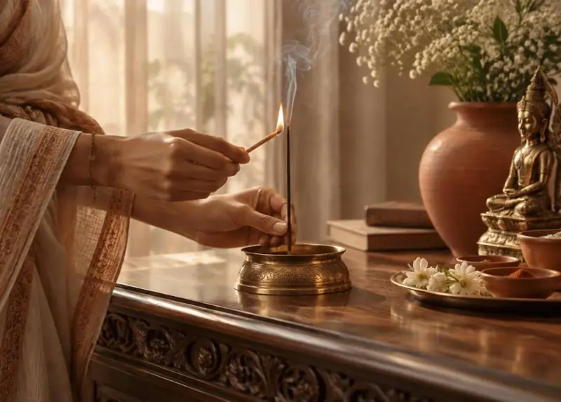 Sandalwood incense burning during a calm prayer ritual